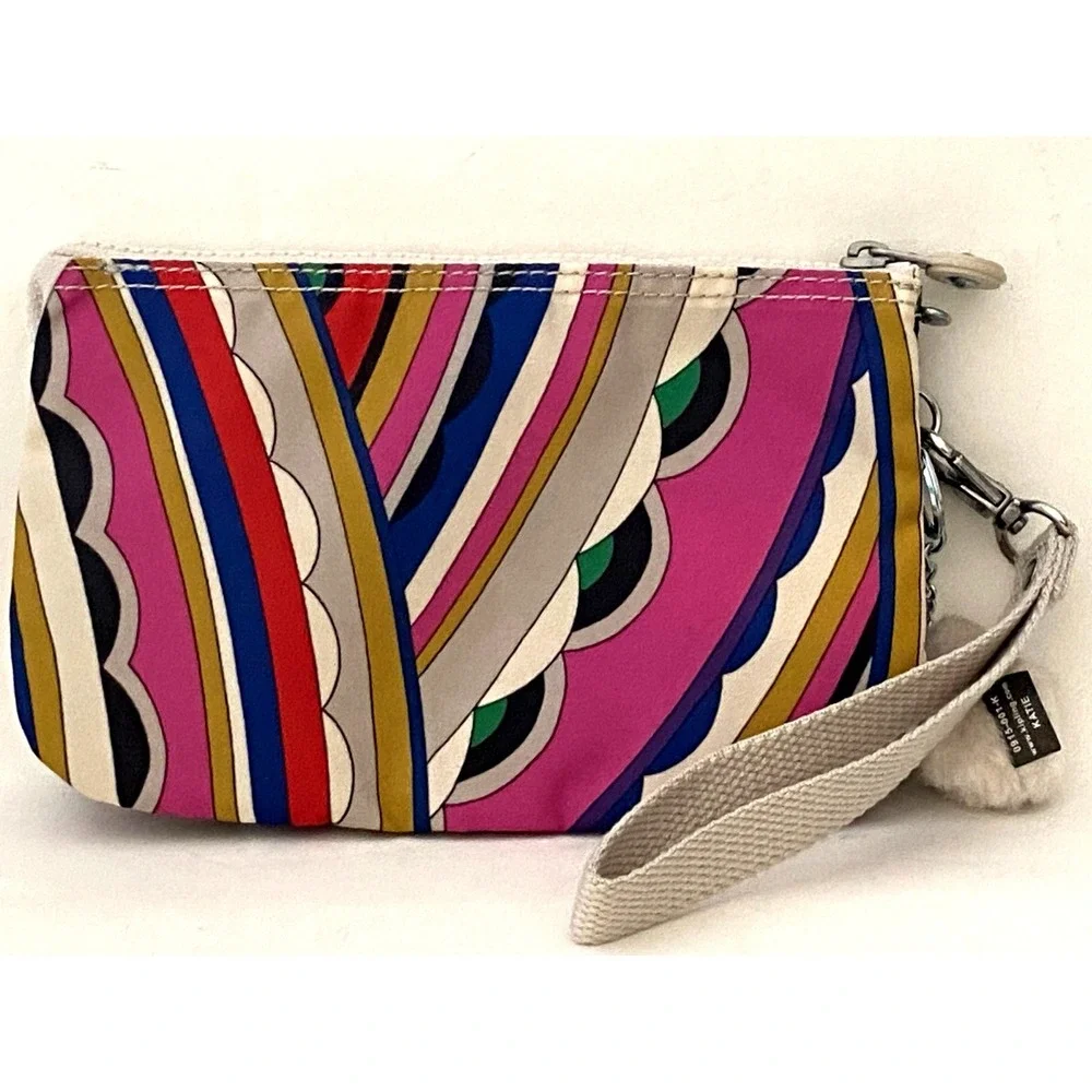 Kipling~ Female Crown stripe Creativity Pouch Wristlet XL 3 Pocket Zipper Monkey